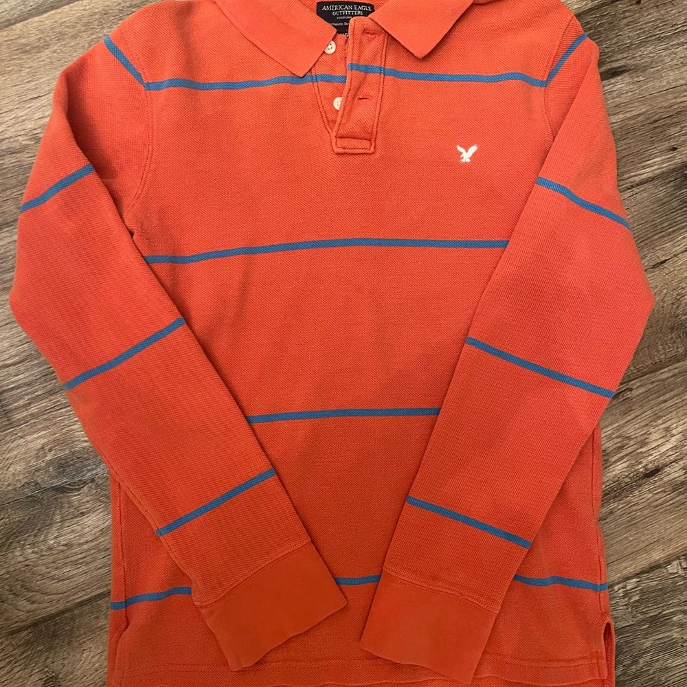 Vintage American Eagle Outfitters Men's Small Orange/Blue Polo Long Sleeve Shirt